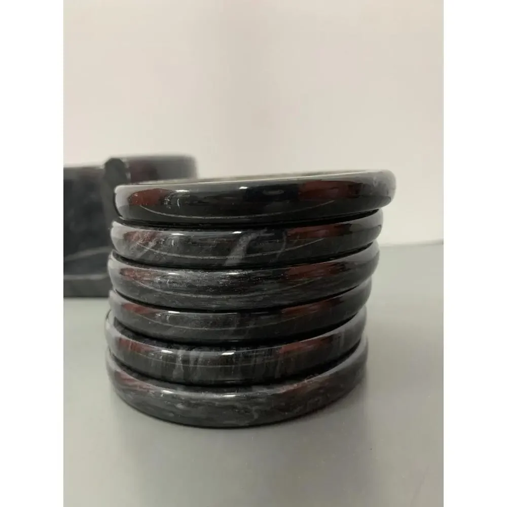Black Marble Coaster Polo Dark Grey Cork Center Felt Bottom Set of 6 W/Holder